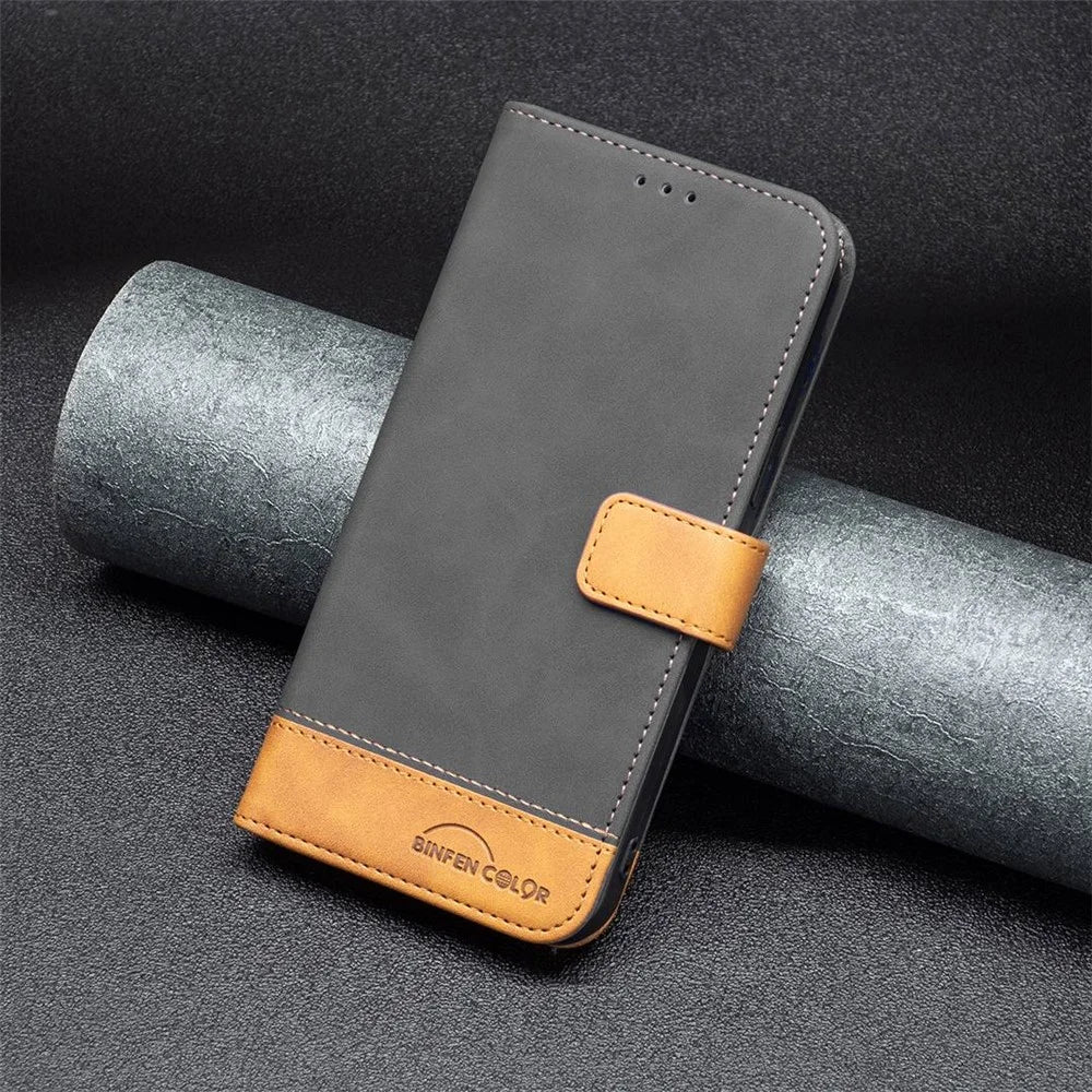 BINFEN COLOR for Samsung Galaxy S23 Case Color Splicing Skin Touch Leather Phone Cover Wallet Stand - Black - 4