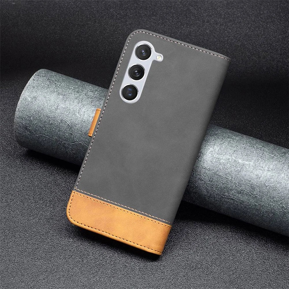 BINFEN COLOR for Samsung Galaxy S23 Case Color Splicing Skin Touch Leather Phone Cover Wallet Stand - Black - 5