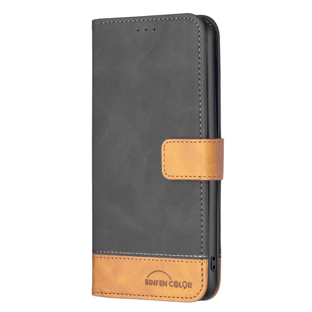 BINFEN COLOR for Samsung Galaxy S23 Case Color Splicing Skin Touch Leather Phone Cover Wallet Stand - Black - 6