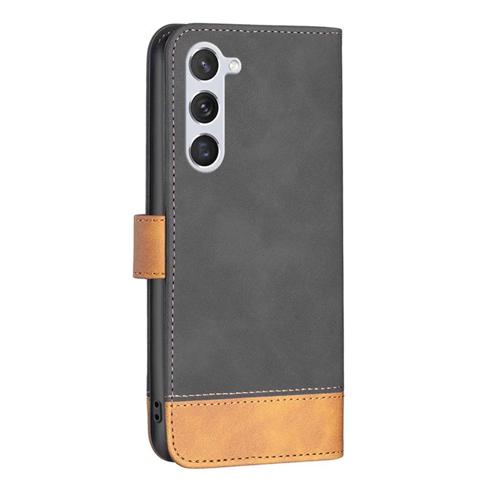 BINFEN COLOR for Samsung Galaxy S23 Case Color Splicing Skin Touch Leather Phone Cover Wallet Stand - Black - 7