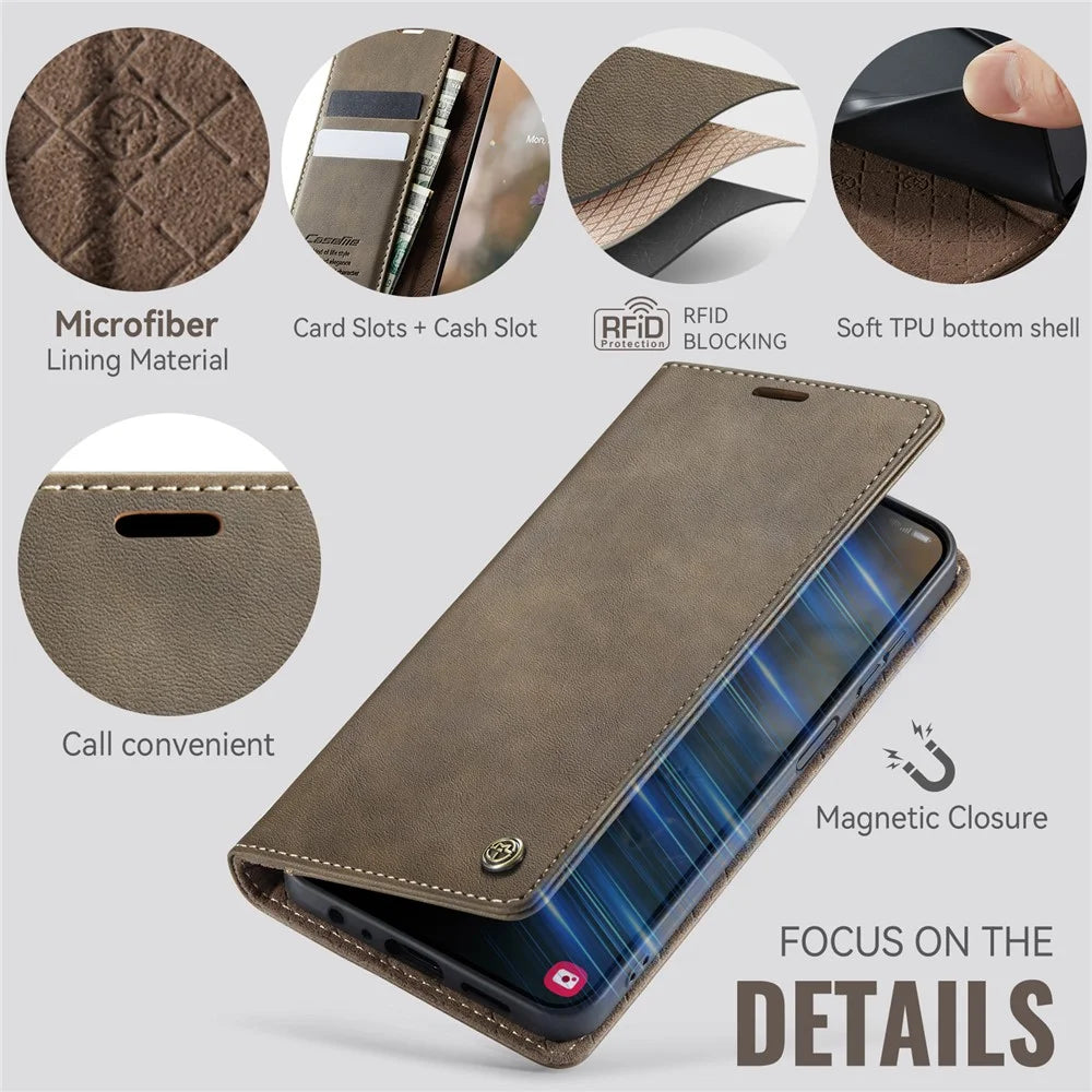 CASEME For Samsung Galaxy A14 5G / Galaxy A14 4G Case  033 Series RFID Blocking Wallet Stand Calf Texture Leather Phone Cover - Coffee - 3