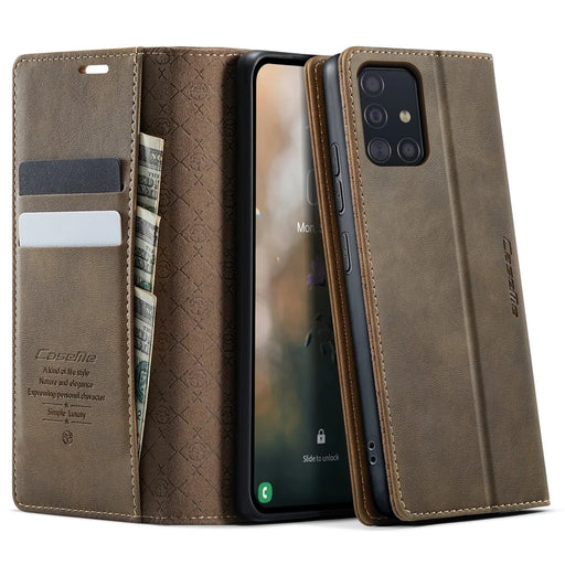 CASEME For Samsung Galaxy A51 4G SM-A515 Case  033 Series RFID Blocking Wallet Stand Calf Texture Leather Phone Cover - Coffee - 1