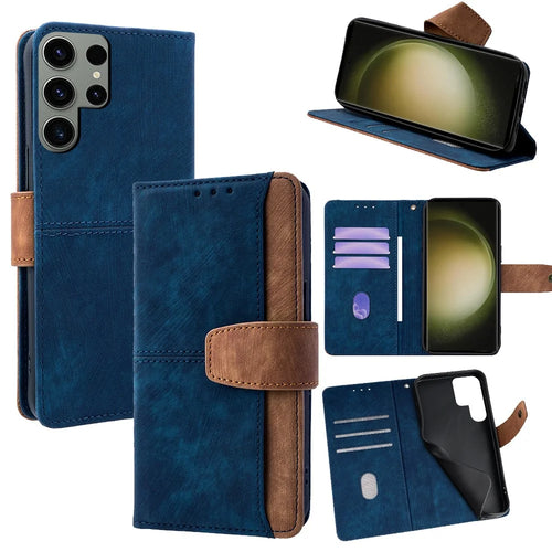 For Samsung Galaxy S23 Ultra Case RFID Blocking Color Splicing PU Leather Wallet Phone Cover - Blue - 1