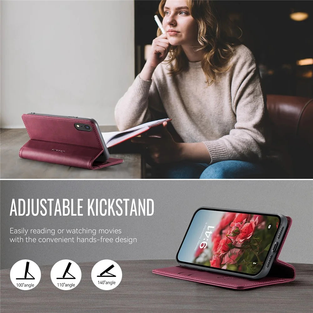 CASEME For iPhone XR 6.1 inch Case  033 Series RFID Blocking Wallet Stand Calf Texture Leather Phone Cover - Red - 5