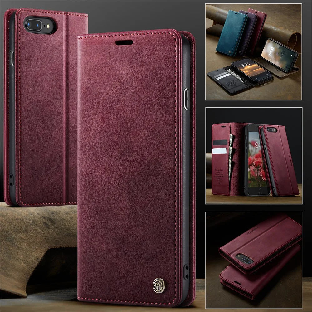 CASEME For iPhone 7 Plus 5.5 inch / iPhone 8 Plus 5.5 inch / iPhone 6 Plus 5.5 inch Case  033 Series RFID Blocking Wallet Stand Calf Texture Leather Phone Cover - Red - 7