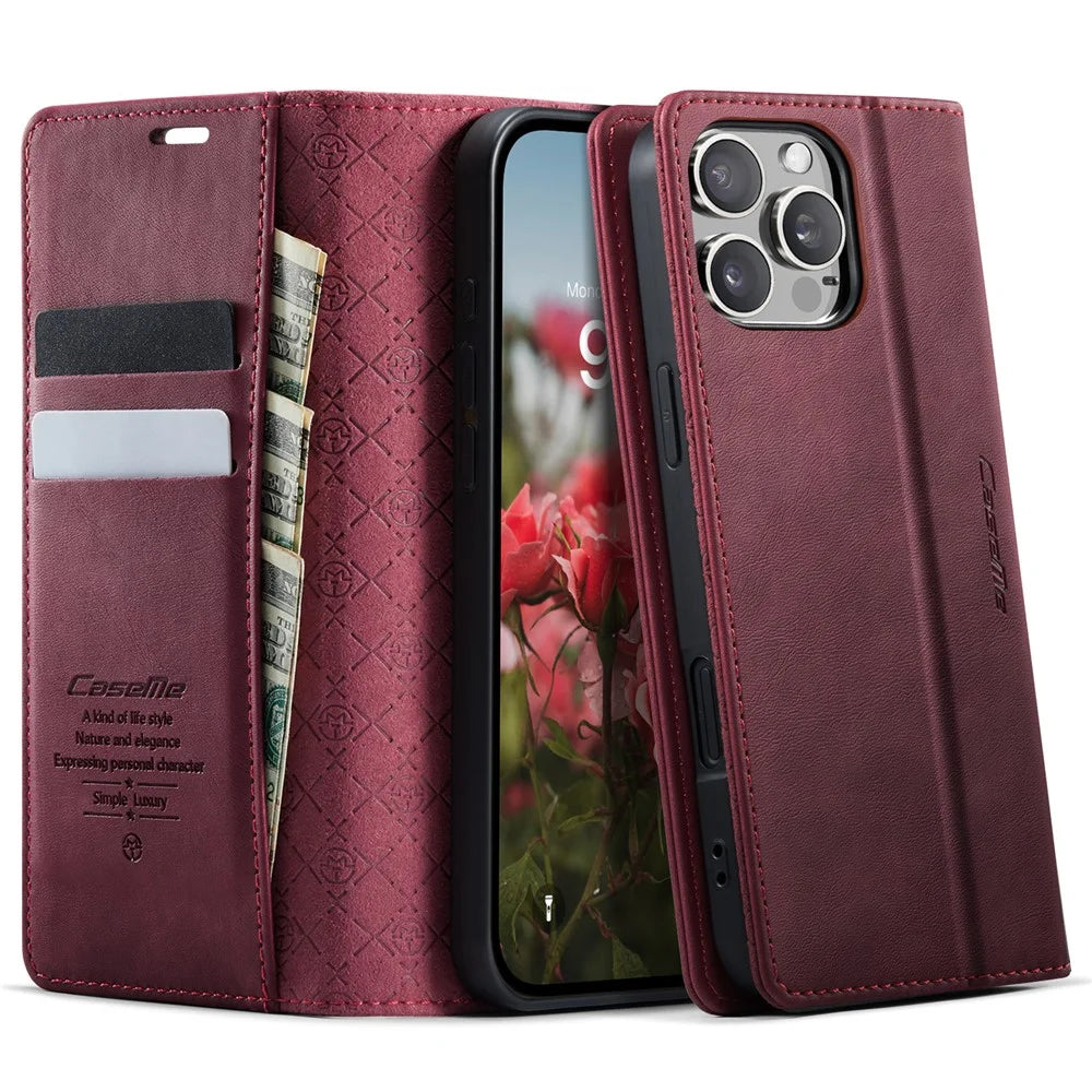 CASEME For iPhone 16 Pro Max Case  033 Series RFID Blocking Wallet Stand Calf Texture Leather Phone Cover - Red - 1