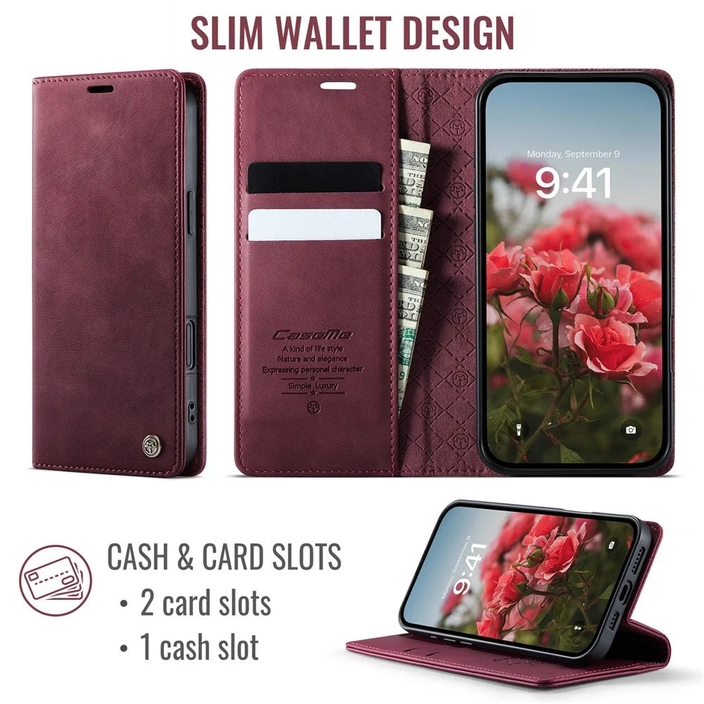 CASEME For iPhone 16 Pro Max Case  033 Series RFID Blocking Wallet Stand Calf Texture Leather Phone Cover - Red - 2