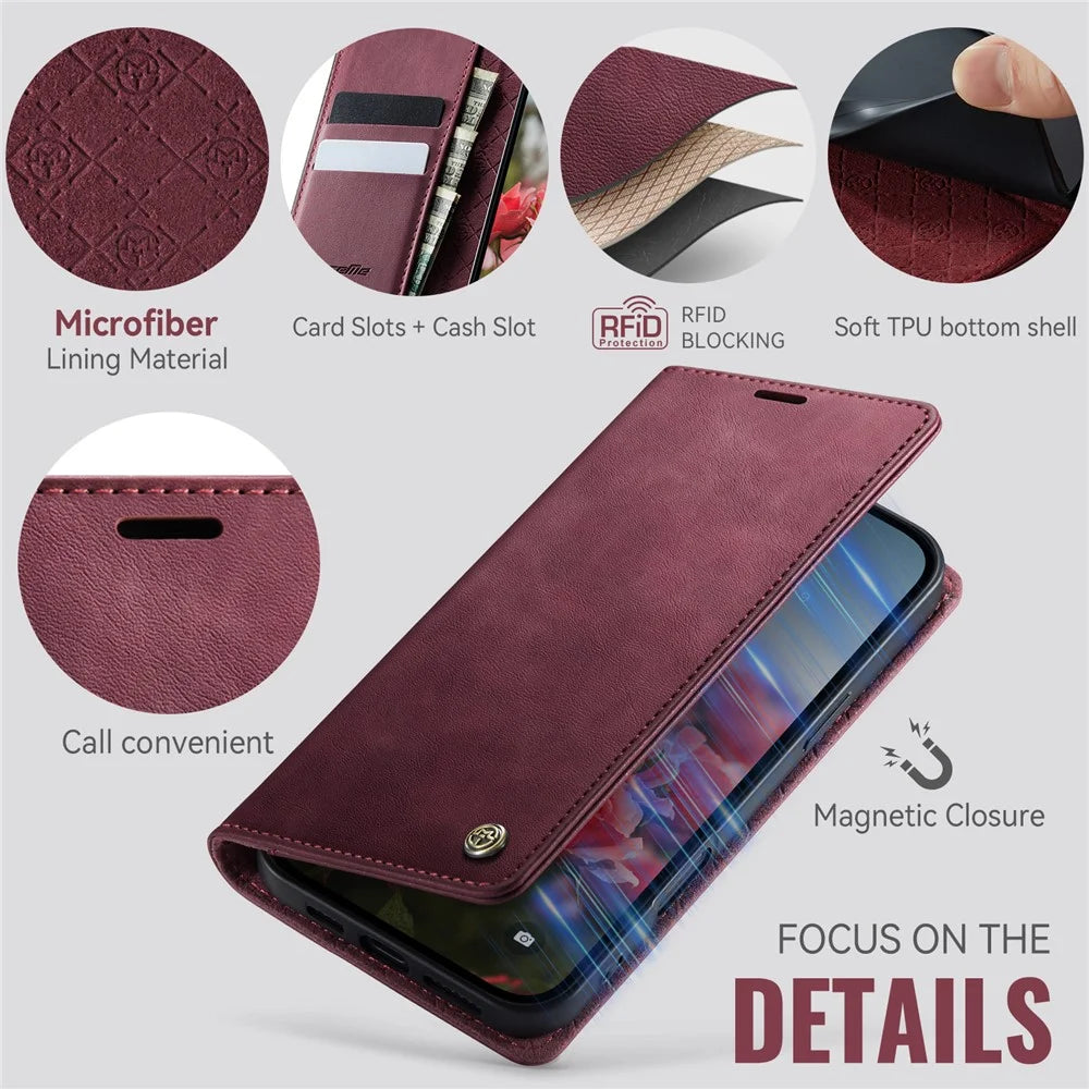 CASEME For iPhone 16 Pro Max Case  033 Series RFID Blocking Wallet Stand Calf Texture Leather Phone Cover - Red - 3