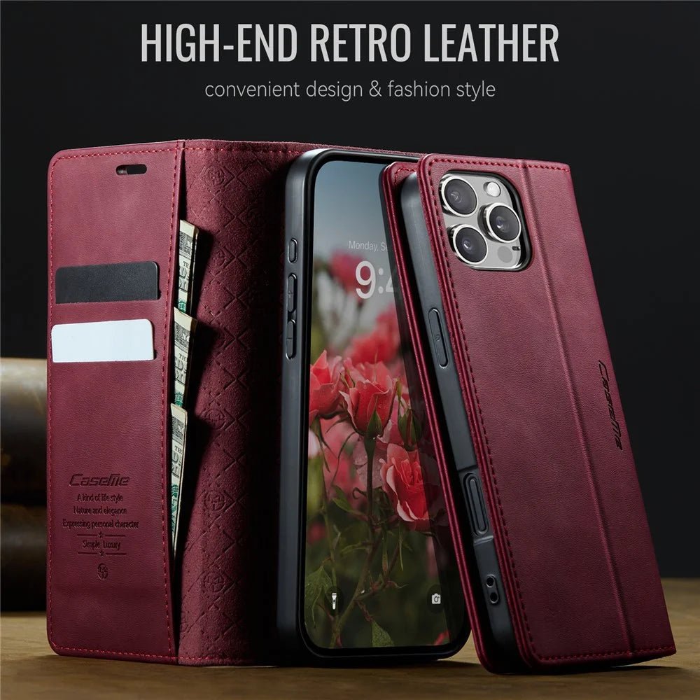 CASEME For iPhone 16 Pro Max Case  033 Series RFID Blocking Wallet Stand Calf Texture Leather Phone Cover - Red - 4