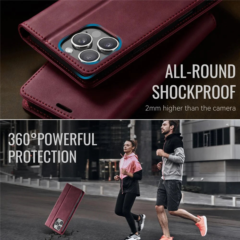 CASEME For iPhone 16 Pro Max Case  033 Series RFID Blocking Wallet Stand Calf Texture Leather Phone Cover - Red - 6