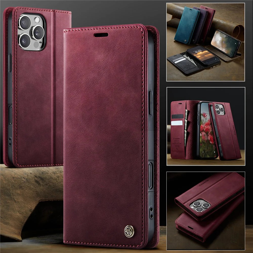 CASEME For iPhone 16 Pro Max Case  033 Series RFID Blocking Wallet Stand Calf Texture Leather Phone Cover - Red - 7