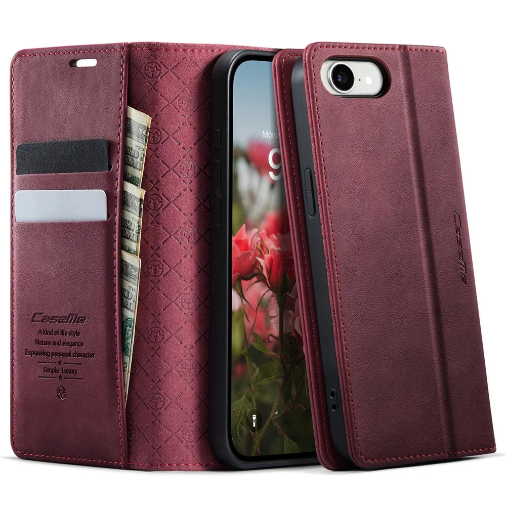 CASEME 033 Series For iPhone 17e / 16e Case RFID Blocking Wallet Stand Calf Texture Leather Phone Cover - Red - 1