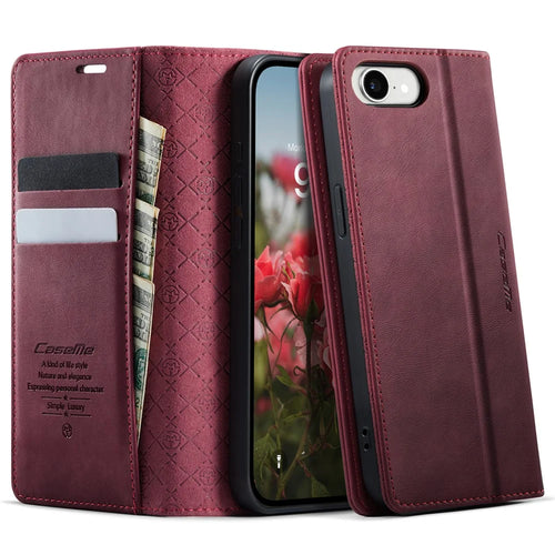 CASEME 033 Series For iPhone 17e / 16e Case RFID Blocking Wallet Stand Calf Texture Leather Phone Cover - Red - 1