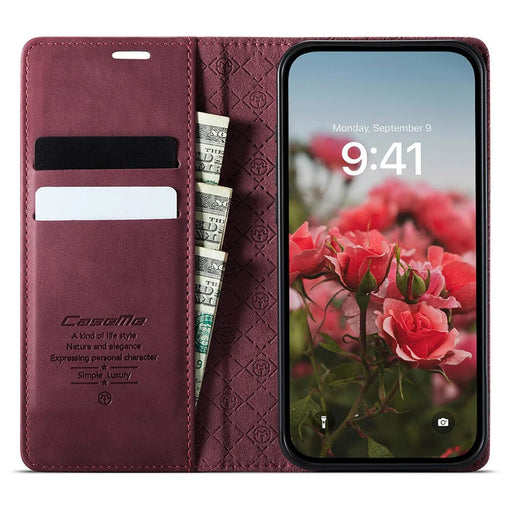 CASEME 033 Series For iPhone 17e / 16e Case RFID Blocking Wallet Stand Calf Texture Leather Phone Cover - Red - 2