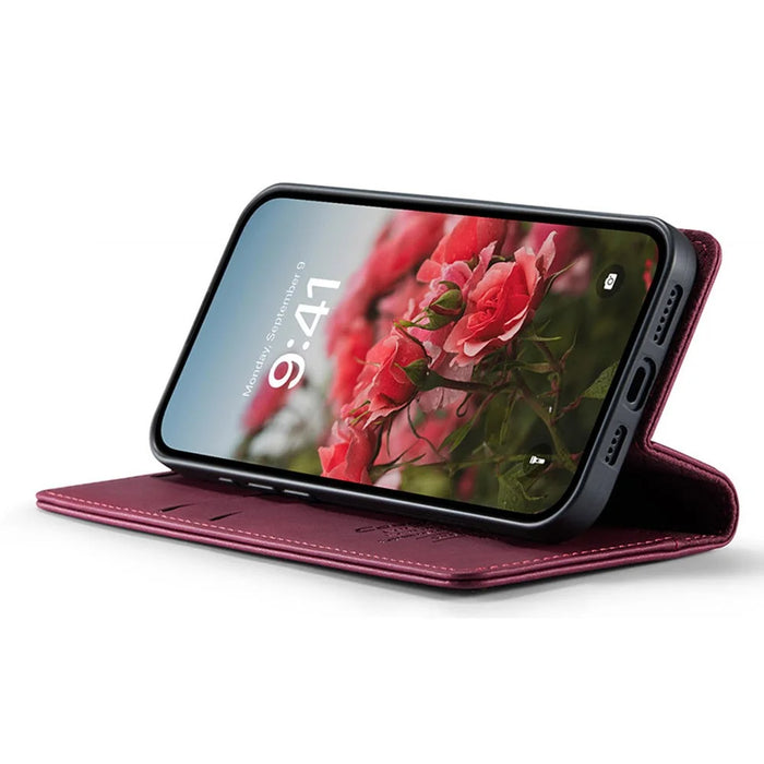 CASEME 033 Series For iPhone 17e / 16e Case RFID Blocking Wallet Stand Calf Texture Leather Phone Cover - Red - 3