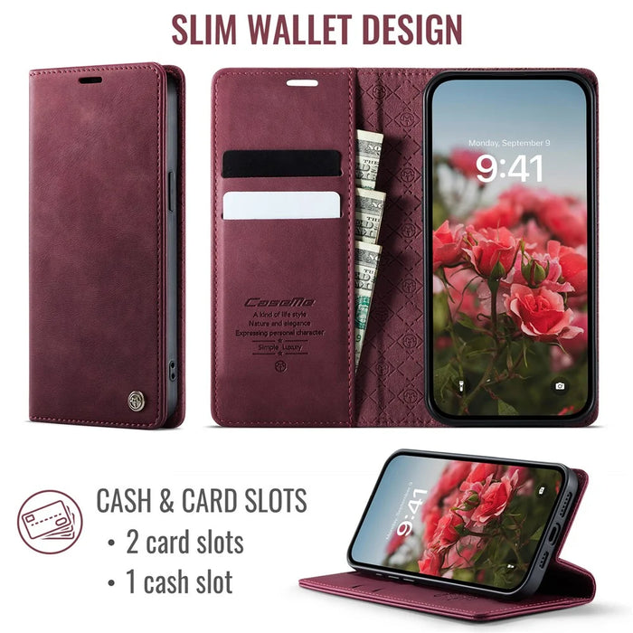 CASEME 033 Series For iPhone 17e / 16e Case RFID Blocking Wallet Stand Calf Texture Leather Phone Cover - Red - 4