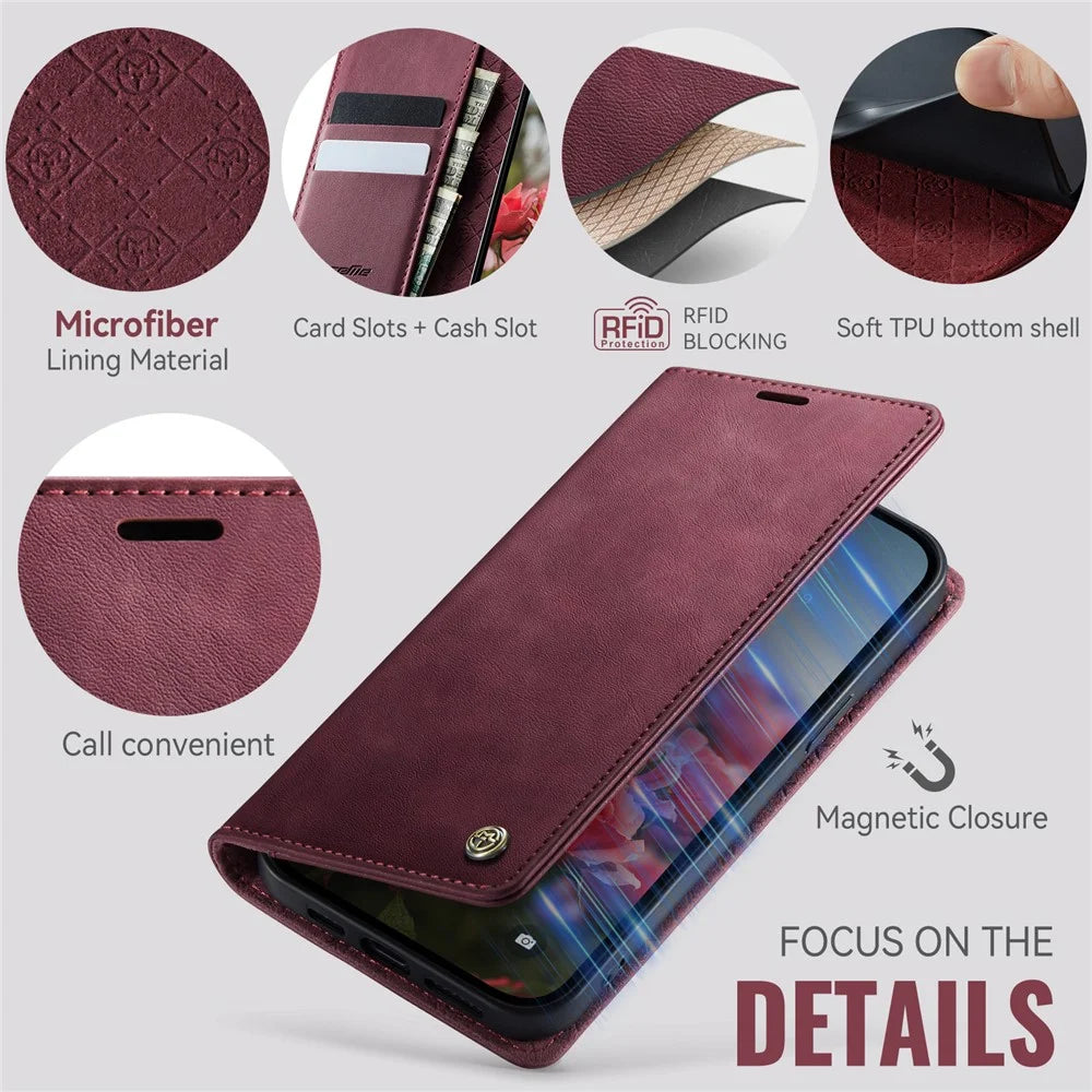 CASEME 033 Series For iPhone 17e / 16e Case RFID Blocking Wallet Stand Calf Texture Leather Phone Cover - Red - 5