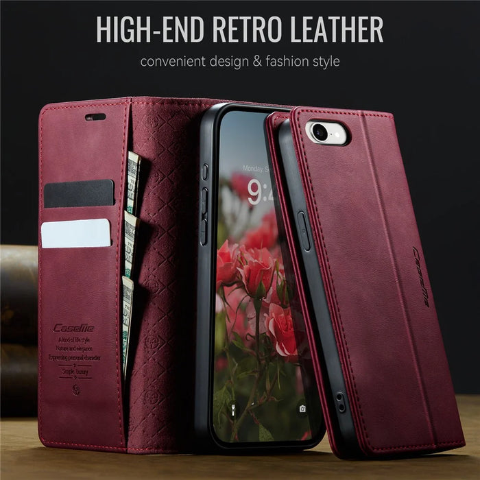 CASEME 033 Series For iPhone 17e / 16e Case RFID Blocking Wallet Stand Calf Texture Leather Phone Cover - Red - 6