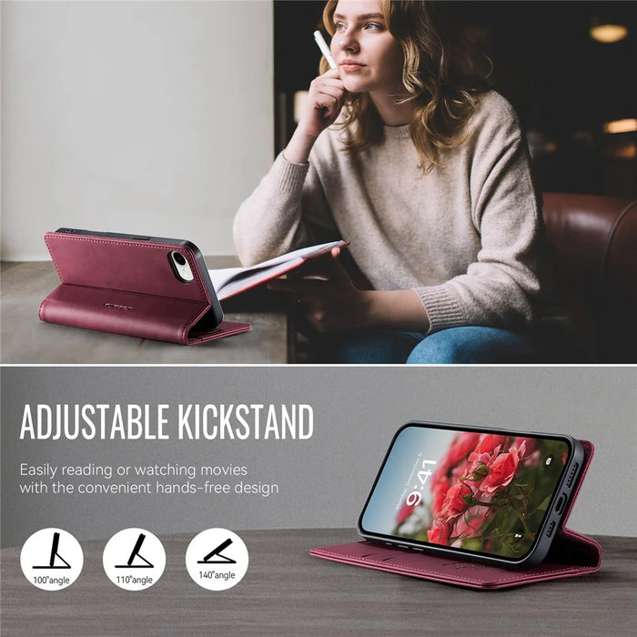 CASEME 033 Series For iPhone 17e / 16e Case RFID Blocking Wallet Stand Calf Texture Leather Phone Cover - Red - 7