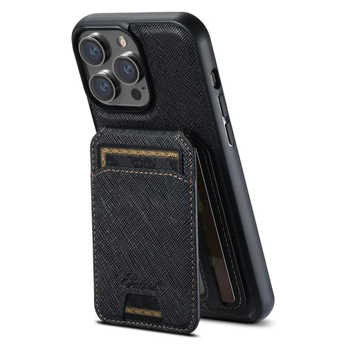 SUTENI H18 For iPhone 15 Pro Max Magnetic Case Cross Texture Leather + TPU Cover with Detachable Card Bag - Black - 1