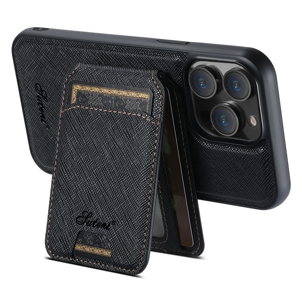 SUTENI H18 For iPhone 15 Pro Max Magnetic Case Cross Texture Leather + TPU Cover with Detachable Card Bag - Black - 2
