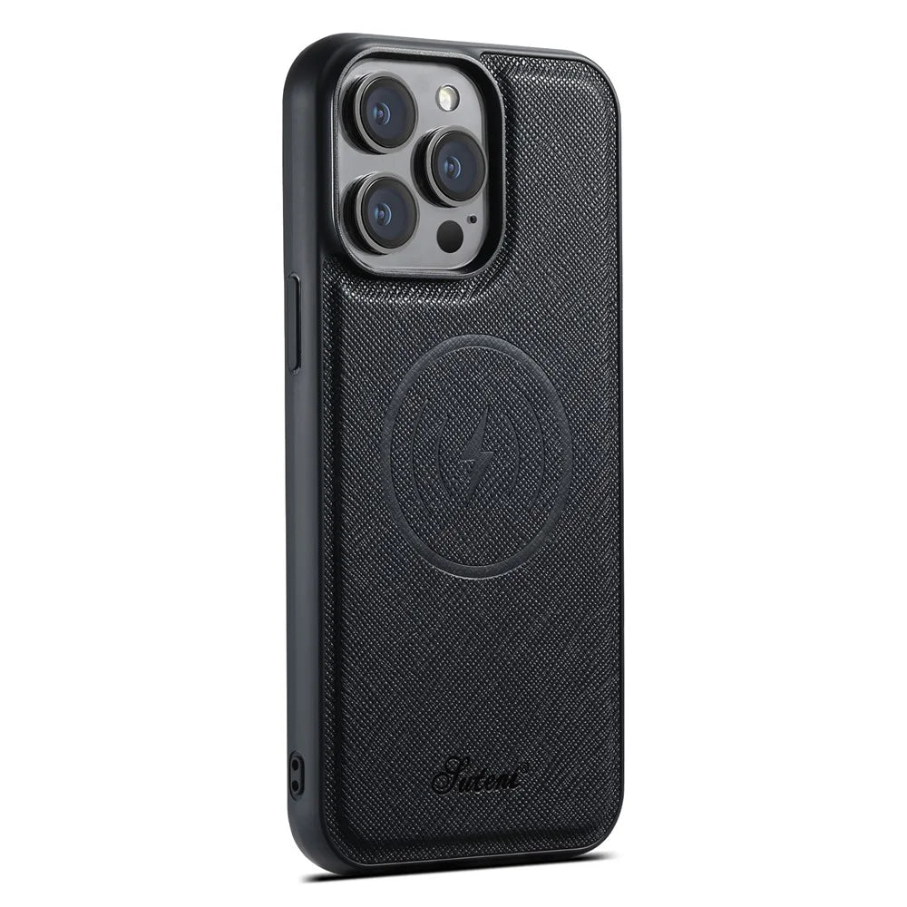 SUTENI H18 For iPhone 15 Pro Max Magnetic Case Cross Texture Leather + TPU Cover with Detachable Card Bag - Black - 4
