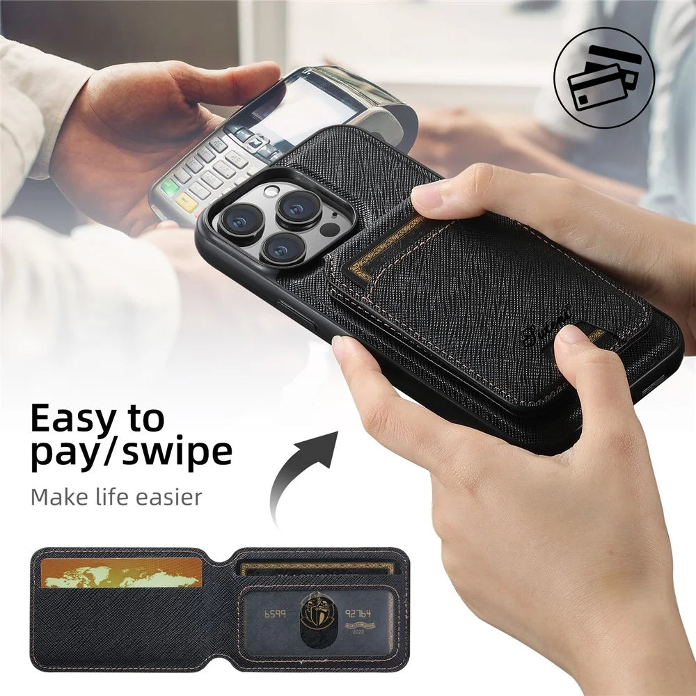 SUTENI H18 For iPhone 15 Pro Max Magnetic Case Cross Texture Leather + TPU Cover with Detachable Card Bag - Black - 5