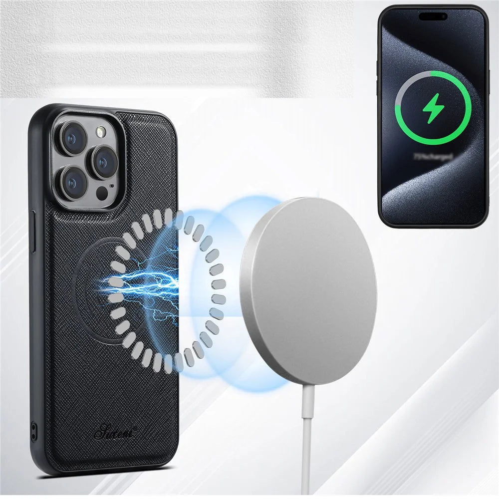 SUTENI H18 For iPhone 15 Pro Max Magnetic Case Cross Texture Leather + TPU Cover with Detachable Card Bag - Black - 6