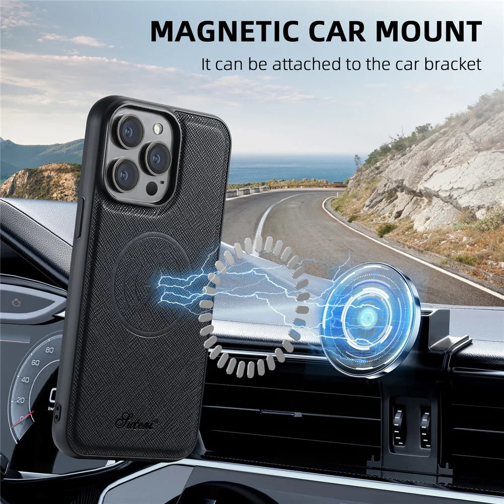 SUTENI H18 For iPhone 15 Pro Max Magnetic Case Cross Texture Leather + TPU Cover with Detachable Card Bag - Black - 7