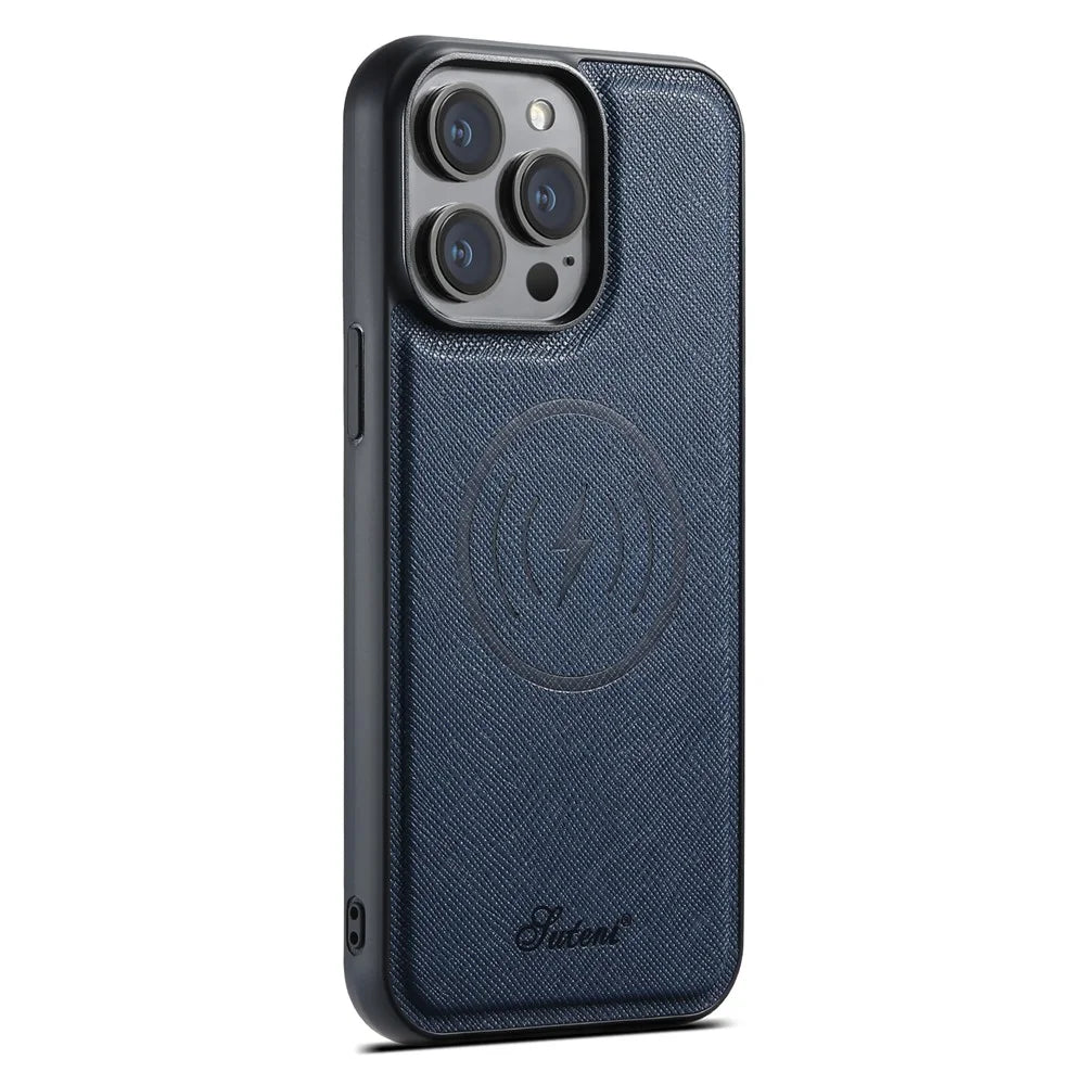 SUTENI H18 For iPhone 15 Pro Magnetic Case Cross Texture Leather + TPU Cover with Detachable Card Bag - Blue - 4
