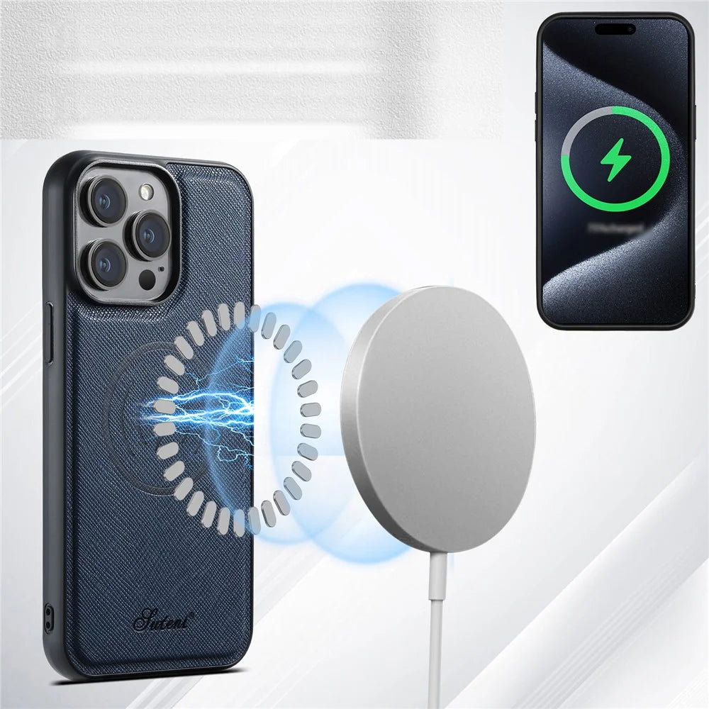 SUTENI H18 For iPhone 15 Pro Magnetic Case Cross Texture Leather + TPU Cover with Detachable Card Bag - Blue - 5