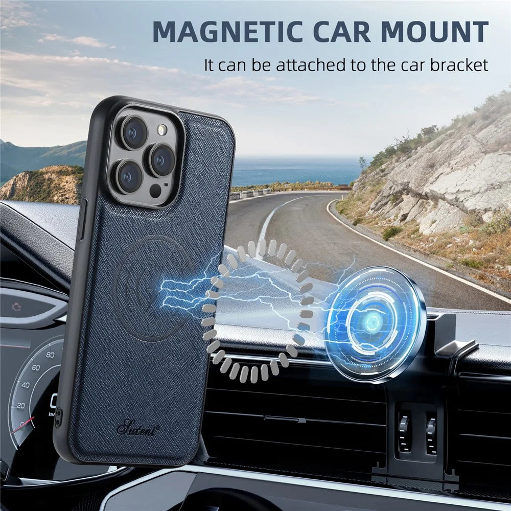 SUTENI H18 For iPhone 15 Pro Magnetic Case Cross Texture Leather + TPU Cover with Detachable Card Bag - Blue - 6