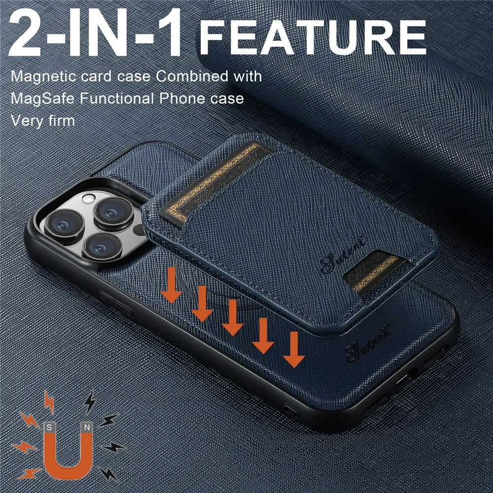SUTENI H18 For iPhone 15 Pro Magnetic Case Cross Texture Leather + TPU Cover with Detachable Card Bag - Blue - 7