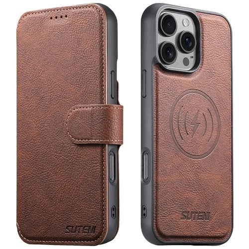 SUTENI Q-05 For iPhone 16 Pro Max Case Detachable Wallet Stand Litchi Texture Leather Flip Phone Cover - Brown - 1