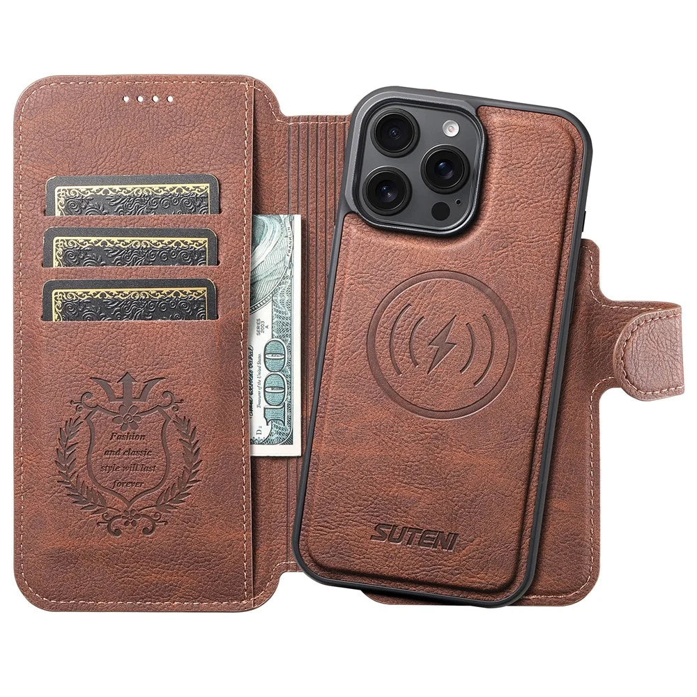 SUTENI Q-05 For iPhone 16 Pro Max Case Detachable Wallet Stand Litchi Texture Leather Flip Phone Cover - Brown - 2
