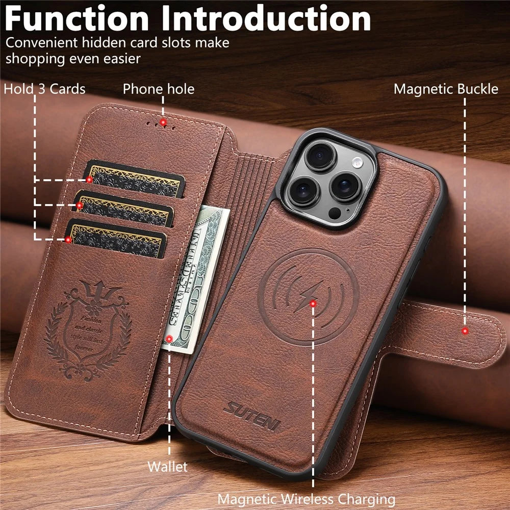 SUTENI Q-05 For iPhone 16 Pro Max Case Detachable Wallet Stand Litchi Texture Leather Flip Phone Cover - Brown - 6