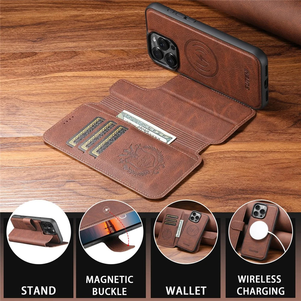 SUTENI Q-05 For iPhone 16 Pro Max Case Detachable Wallet Stand Litchi Texture Leather Flip Phone Cover - Brown - 7