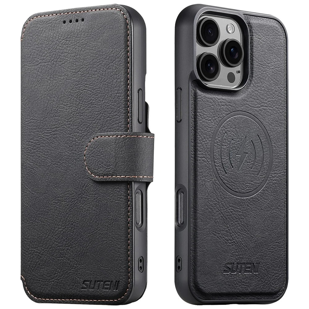 SUTENI Q-05 For iPhone 16 Pro Case Detachable Wallet Stand Litchi Texture Leather Flip Phone Cover - Black - 1