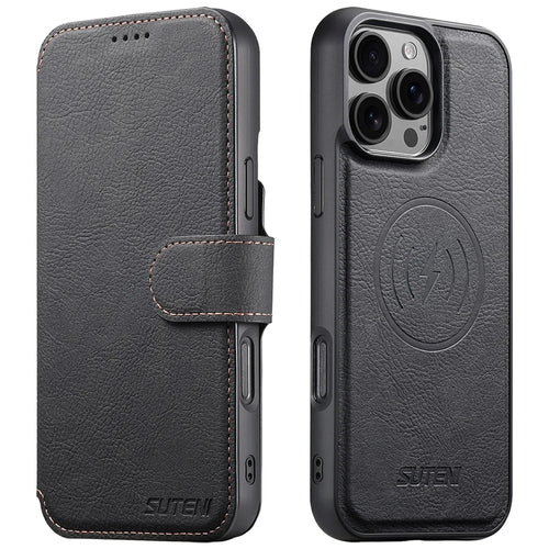 SUTENI Q-05 For iPhone 16 Pro Case Detachable Wallet Stand Litchi Texture Leather Flip Phone Cover - Black - 1