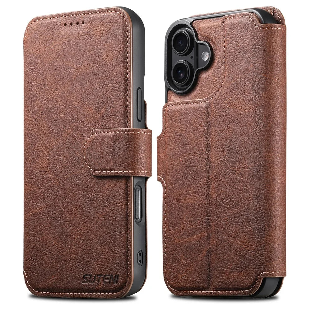 SUTENI Q-05 For iPhone 16 Plus Case Detachable Wallet Stand Litchi Texture Leather Flip Phone Cover - Brown - 1