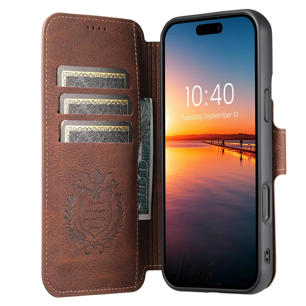 SUTENI Q-05 For iPhone 16 Plus Case Detachable Wallet Stand Litchi Texture Leather Flip Phone Cover - Brown - 3