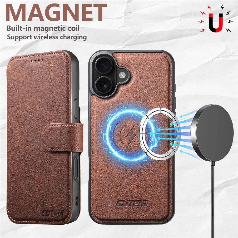 SUTENI Q-05 For iPhone 16 Plus Case Detachable Wallet Stand Litchi Texture Leather Flip Phone Cover - Brown - 6