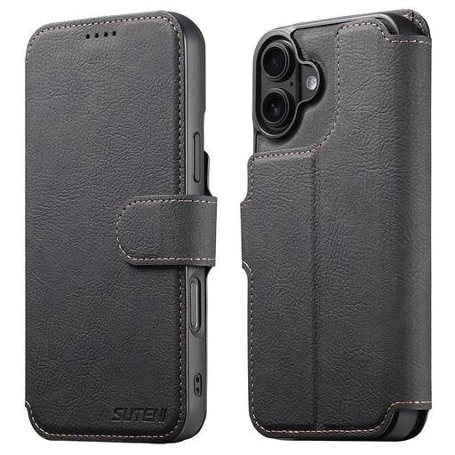 SUTENI Q-05 For iPhone 16 Case Detachable Wallet Stand Litchi Texture Leather Flip Phone Cover - Black - 1