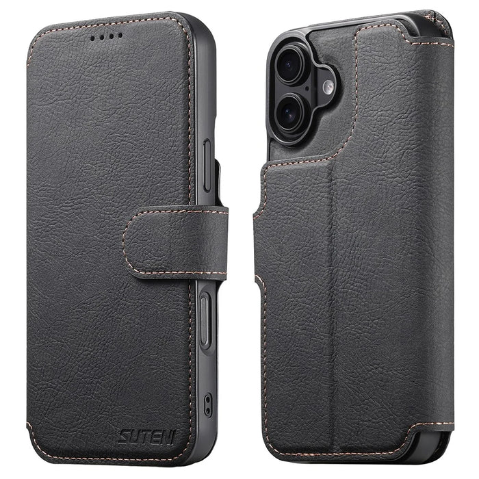 SUTENI Q-05 For iPhone 16 Case Detachable Wallet Stand Litchi Texture Leather Flip Phone Cover - Black - 1