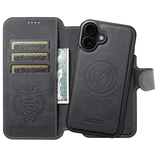 SUTENI Q-05 For iPhone 16 Case Detachable Wallet Stand Litchi Texture Leather Flip Phone Cover - Black - 2