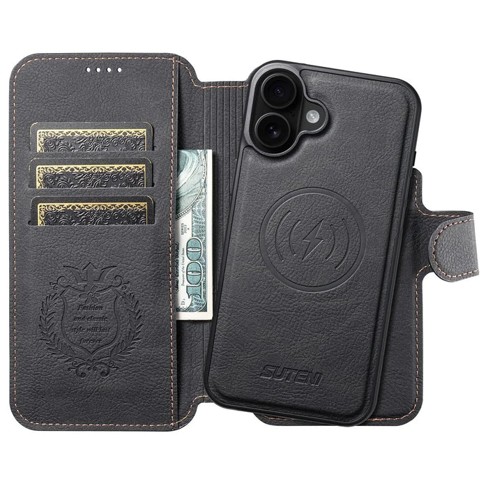 SUTENI Q-05 For iPhone 16 Case Detachable Wallet Stand Litchi Texture Leather Flip Phone Cover - Black - 2