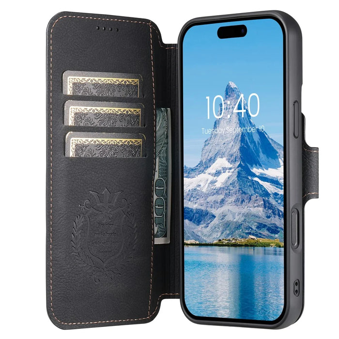 SUTENI Q-05 For iPhone 16 Case Detachable Wallet Stand Litchi Texture Leather Flip Phone Cover - Black - 3