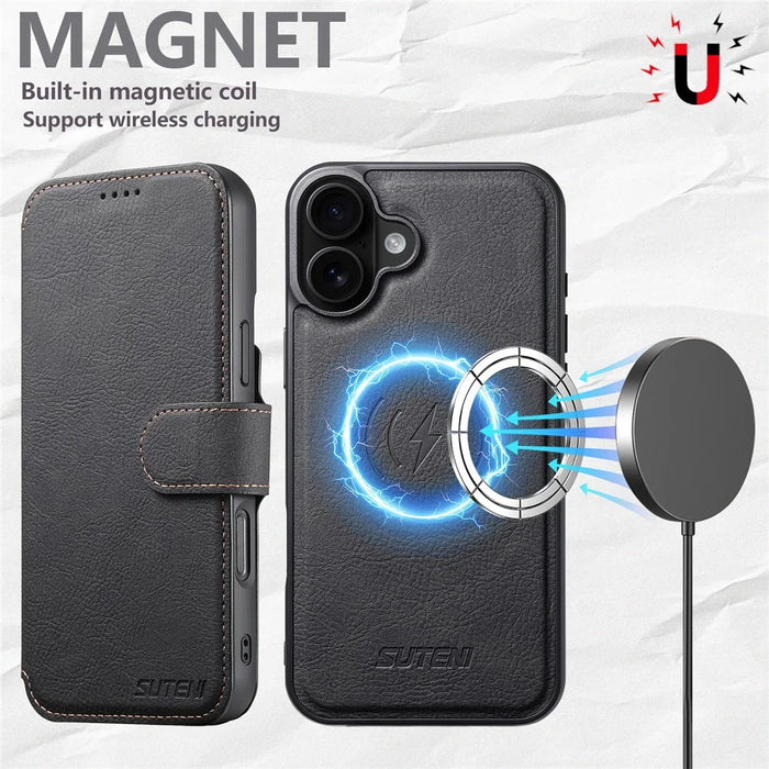SUTENI Q-05 For iPhone 16 Case Detachable Wallet Stand Litchi Texture Leather Flip Phone Cover - Black - 6