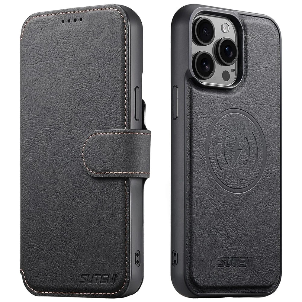 SUTENI Q-05 For iPhone 15 Pro Max Case Detachable Wallet Stand Litchi Texture Leather Flip Phone Cover - Black - 1