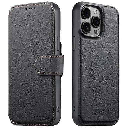 SUTENI Q-05 For iPhone 15 Pro Max Case Detachable Wallet Stand Litchi Texture Leather Flip Phone Cover - Black - 1
